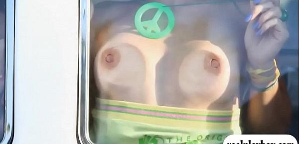  Four sweeties flashed boobs on the bus for some dollars